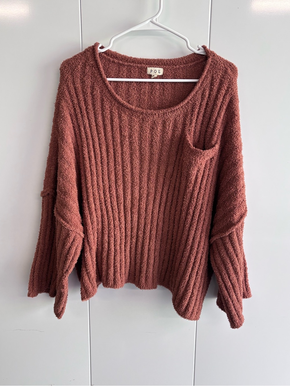 POL Women's Brown Ribbed Knit Pullover Sweater Scoop Neck Pocket Size S YKT486